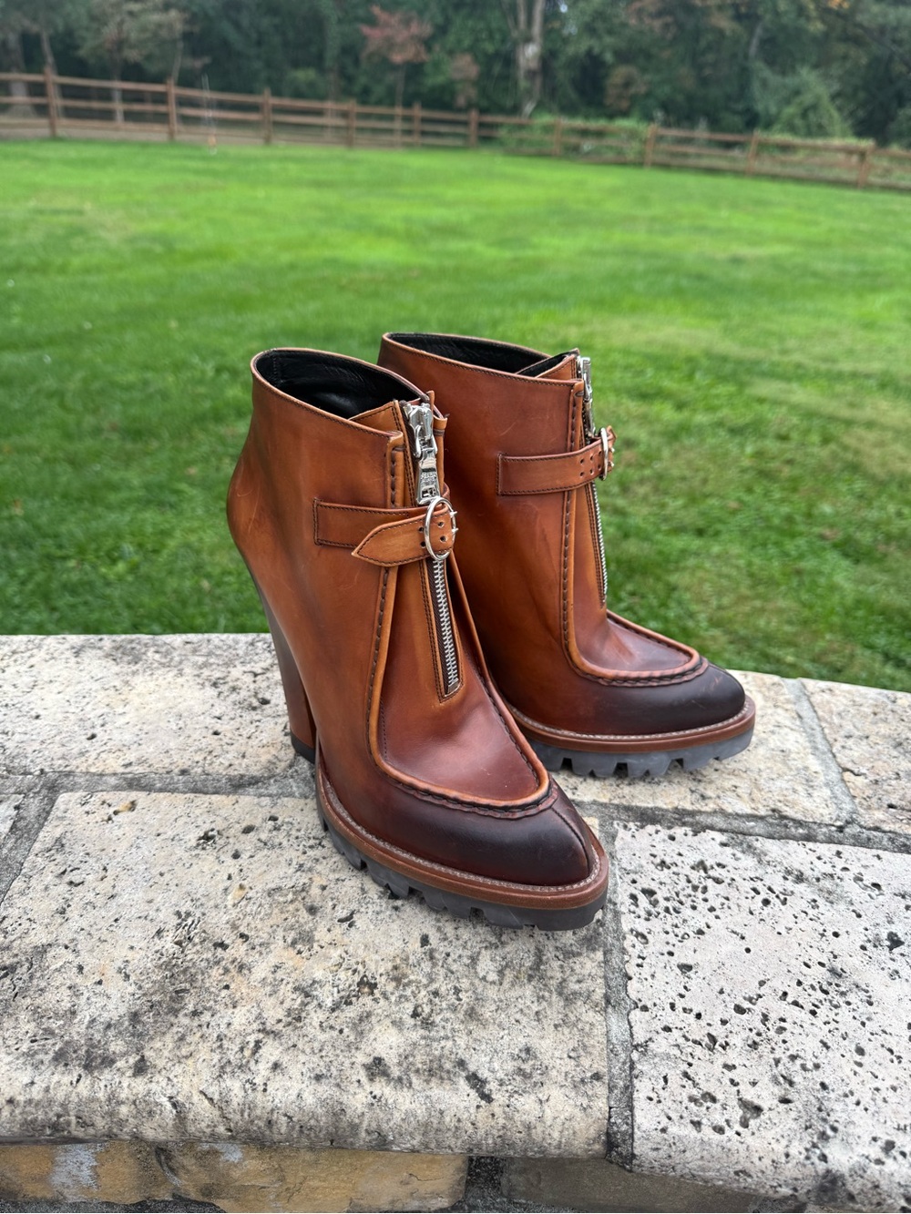 Prada Brown Two-Tone Leather Zip Ankle Boots sz 38.5